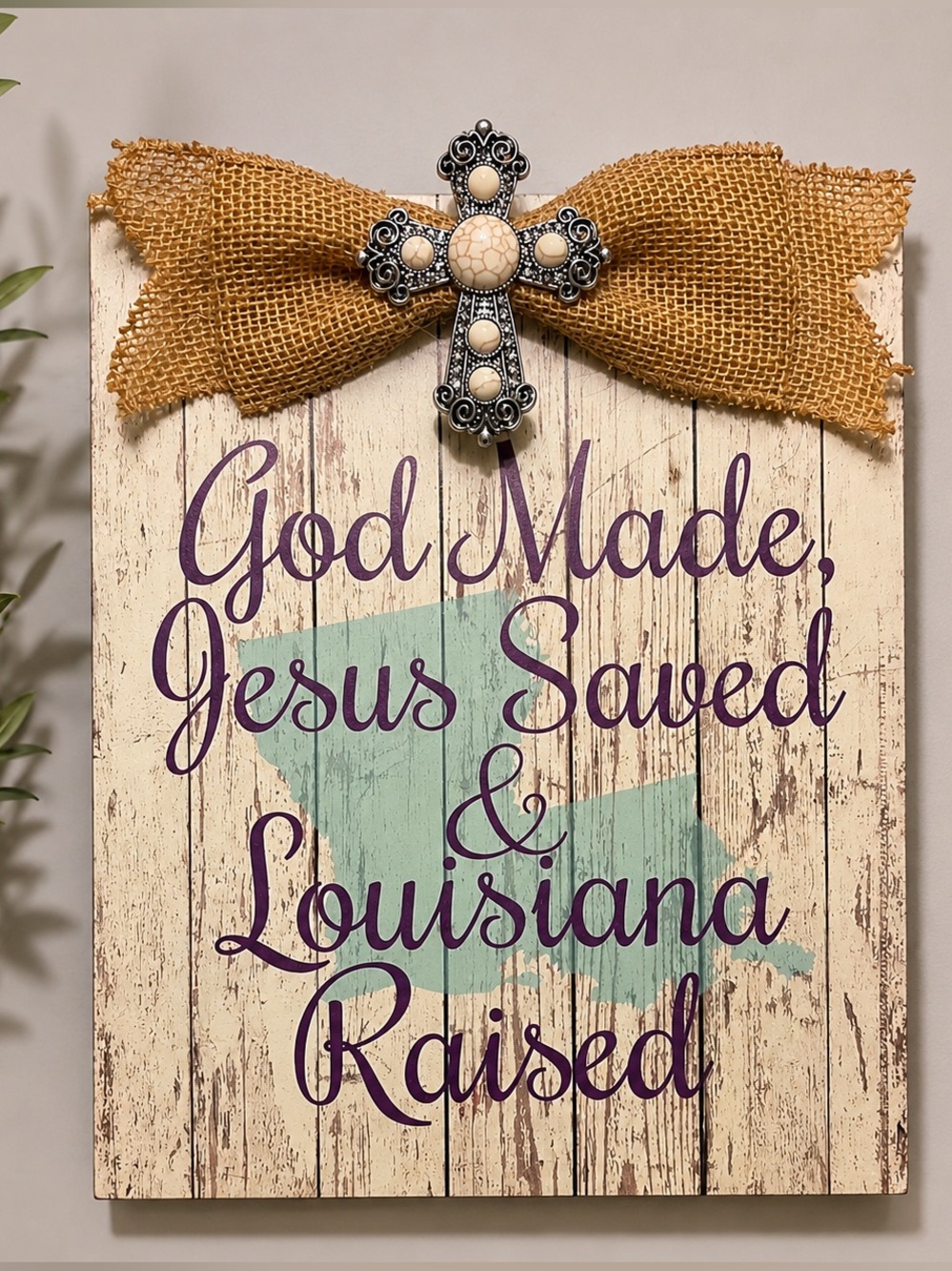 Farmhouse Christian Wall Plaque | Louisiana Raised Rustic Cross Decor